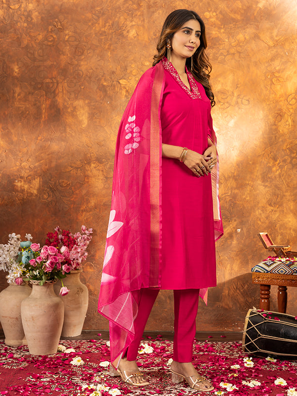 Pink Roman Silk Sequins With Hand Work Suit Set