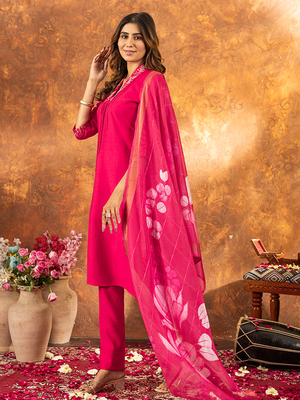 Pink Roman Silk Sequins With Hand Work Suit Set