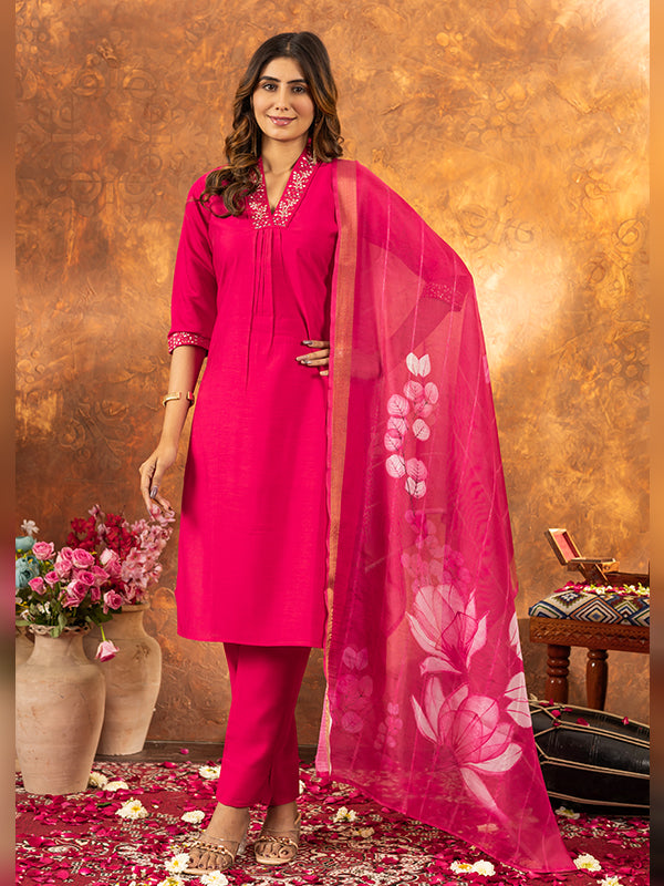 Pink Roman Silk Sequins With Hand Work Suit Set