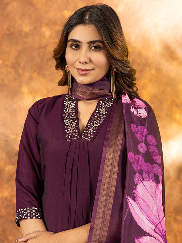 Wine Roman Silk Sequins With Hand Work Suit Set