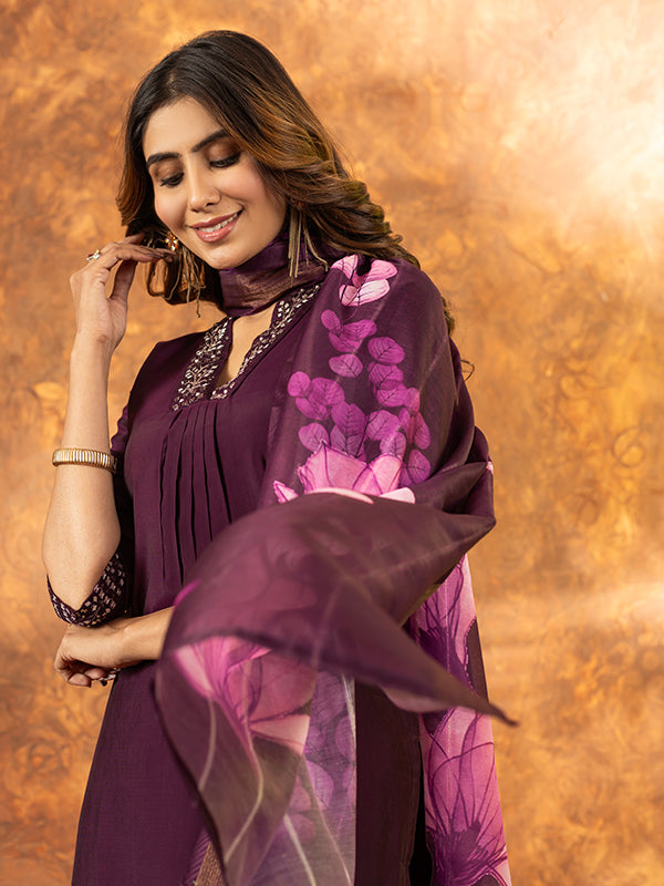 Wine Roman Silk Sequins With Hand Work Suit Set
