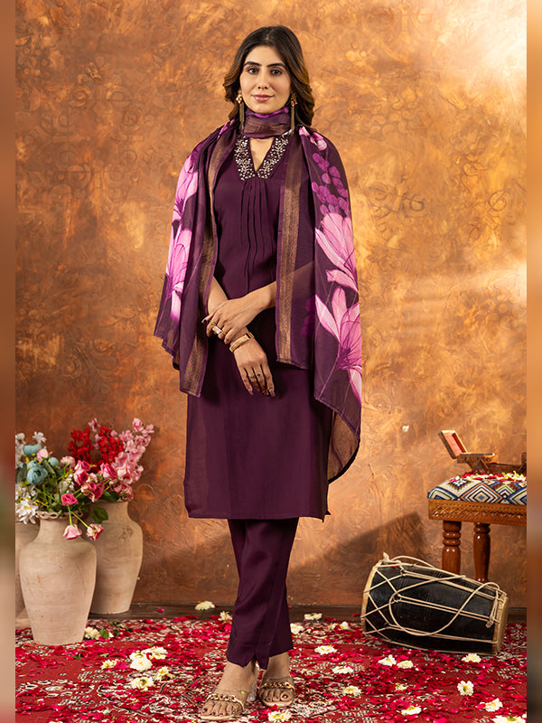 Wine Roman Silk Sequins With Hand Work Suit Set