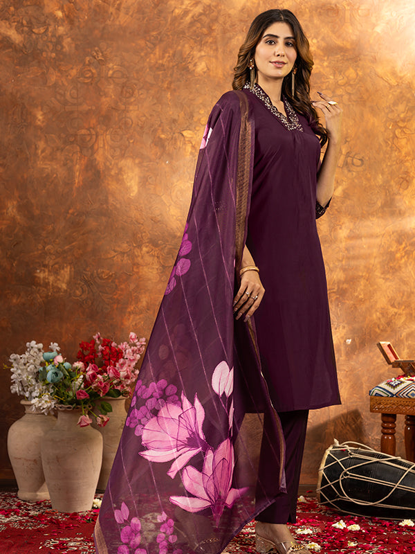 Wine Roman Silk Sequins With Hand Work Suit Set