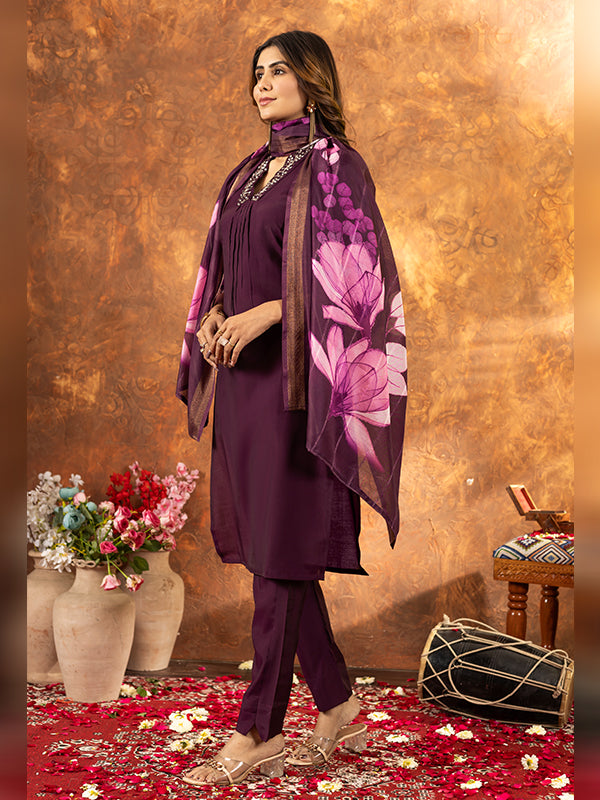 Wine Roman Silk Sequins With Hand Work Suit Set