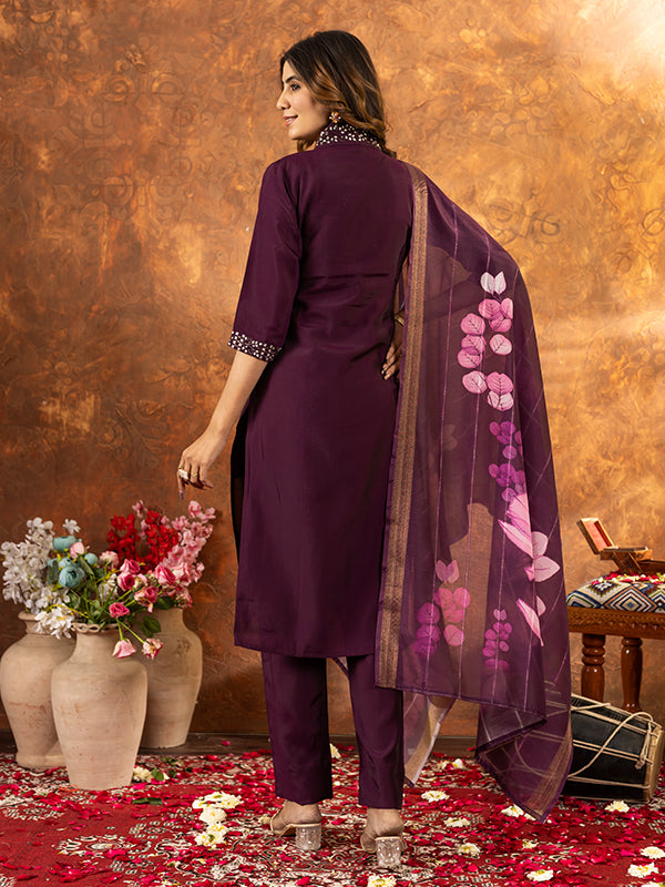 Wine Roman Silk Sequins With Hand Work Suit Set