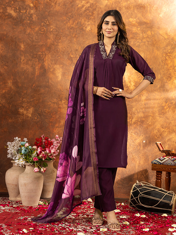 Wine Roman Silk Sequins With Hand Work Suit Set