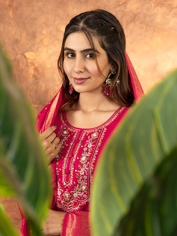 Pink Marina Silk Embroidered With Hand Work Suit Set