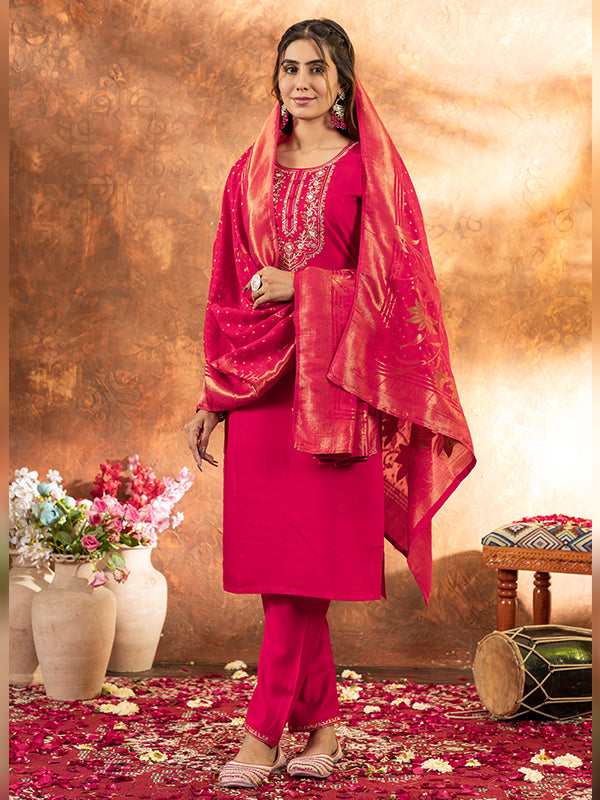 Pink Marina Silk Embroidered With Hand Work Suit Set