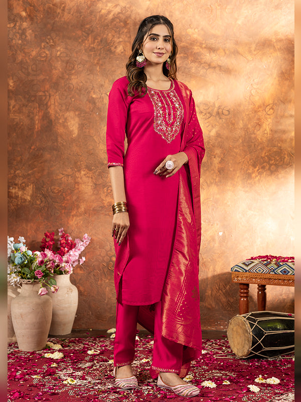Pink Marina Silk Embroidered With Hand Work Suit Set