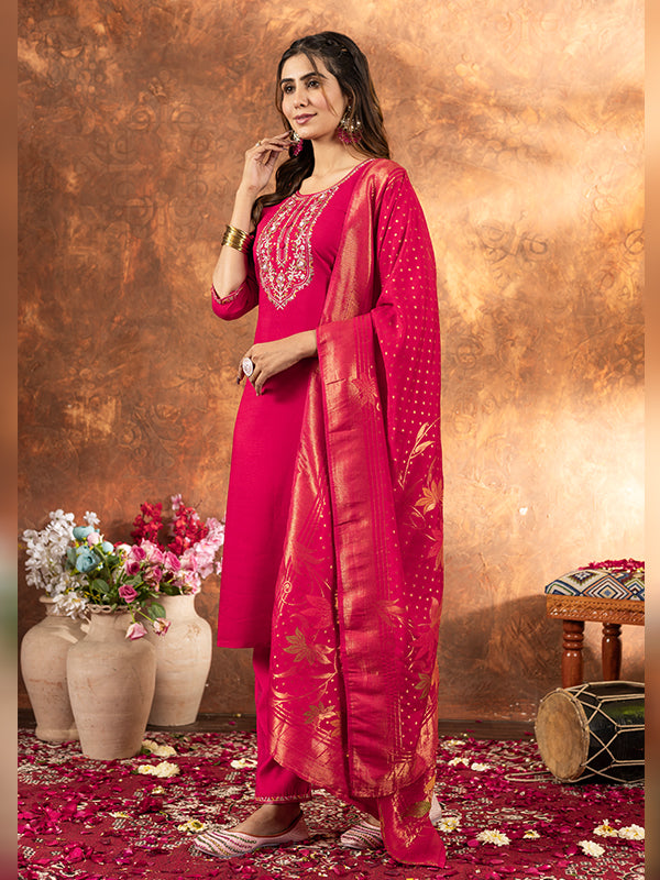 Pink Marina Silk Embroidered With Hand Work Suit Set