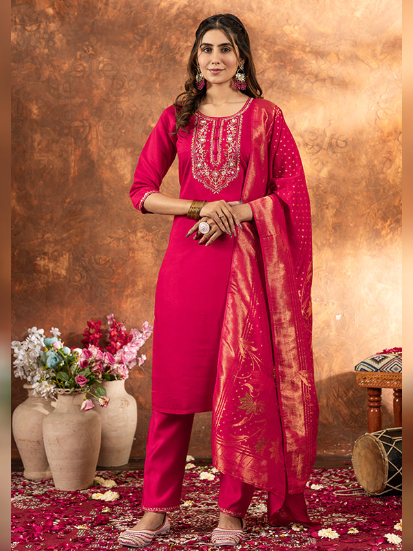 Pink Marina Silk Embroidered With Hand Work Suit Set