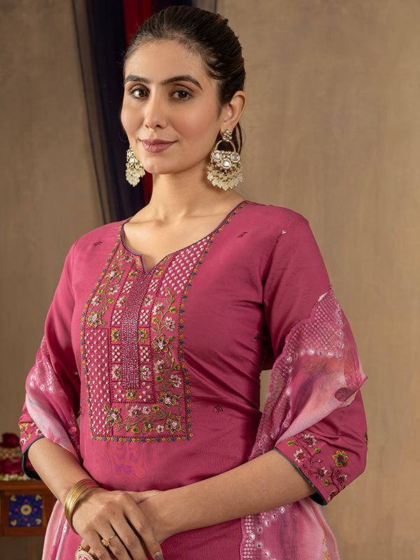 Pink Roman Silk Embroidered With Hand Work Suit Set