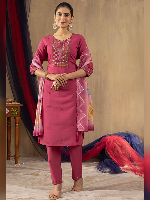 Pink Roman Silk Embroidered With Hand Work Suit Set