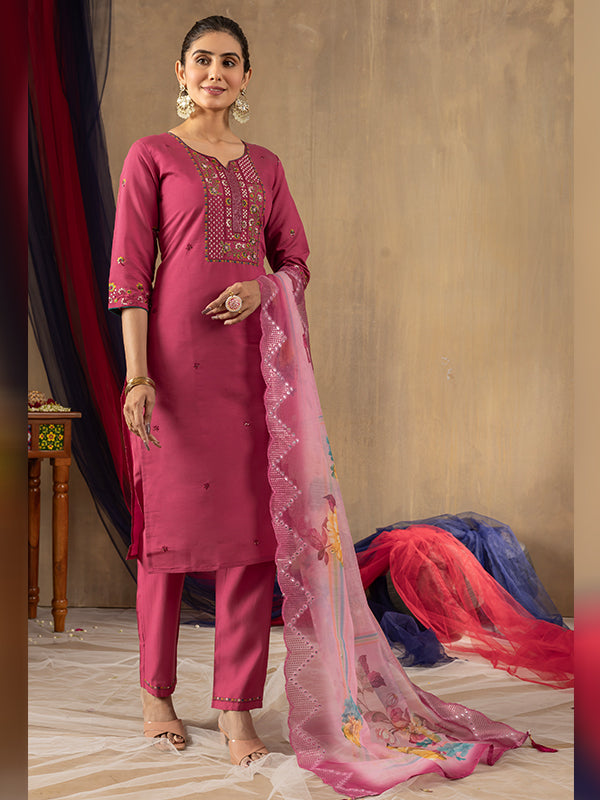Pink Roman Silk Embroidered With Hand Work Suit Set