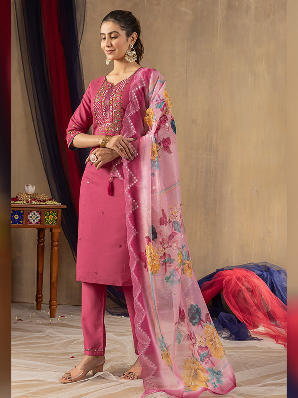 Pink Roman Silk Embroidered With Hand Work Suit Set