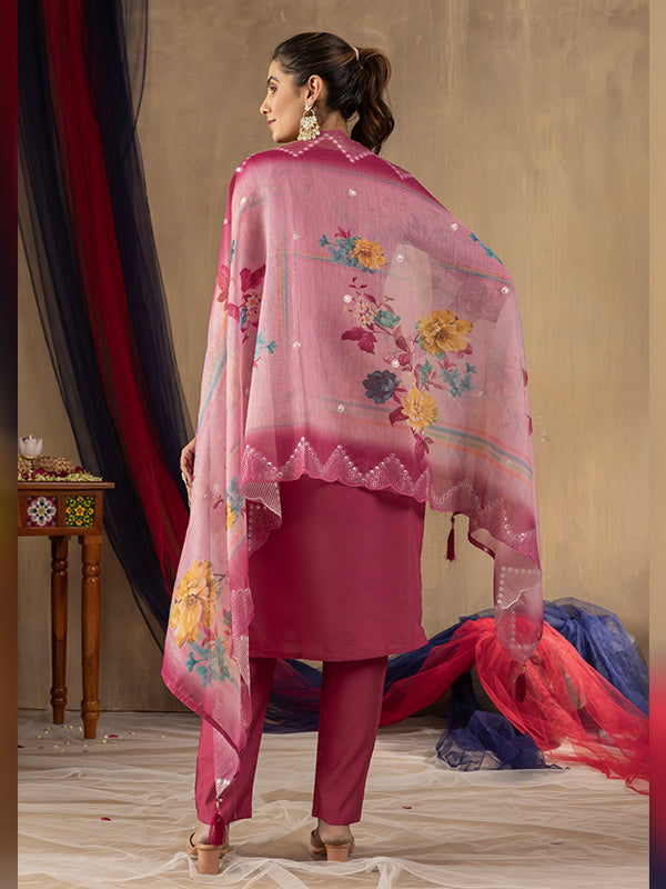 Pink Roman Silk Embroidered With Hand Work Suit Set
