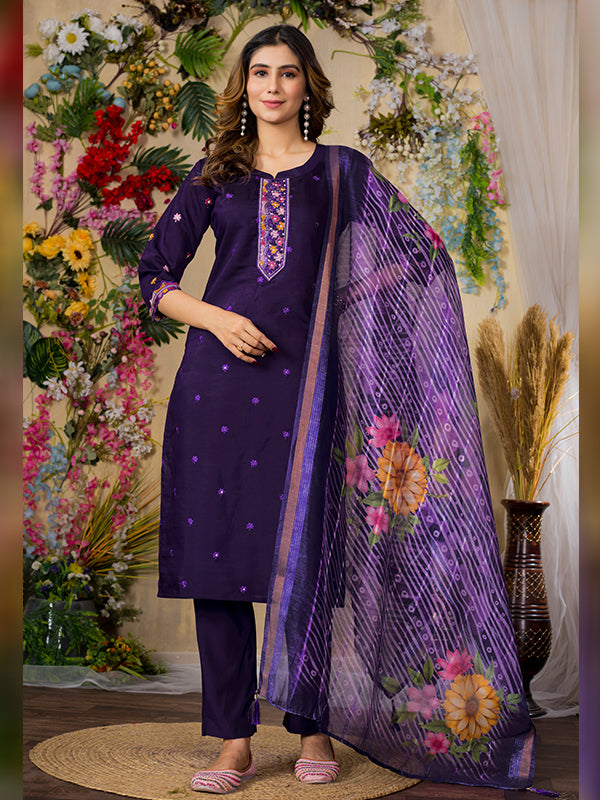 Purple Roman Silk Embroidered With Hand Work Suit Set