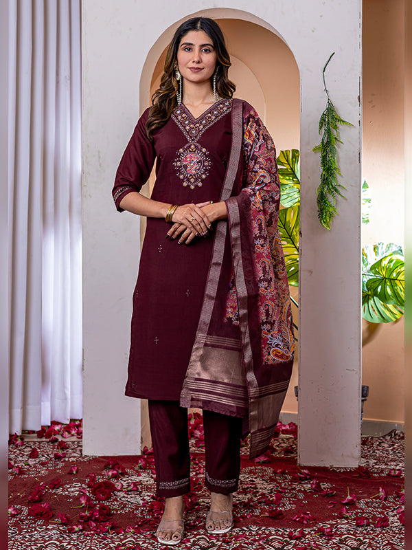 Wine Viscose Silk Embroidered With Hand Work Suit Set