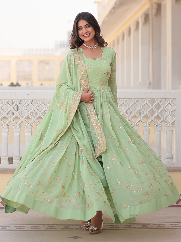 Pista Faux Georgette with Embroidery Zari Sequins Gown With Dupatta