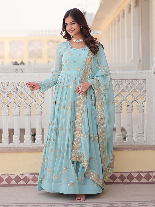 Sky Faux Georgette with Embroidery Zari Sequins Gown With Dupatta