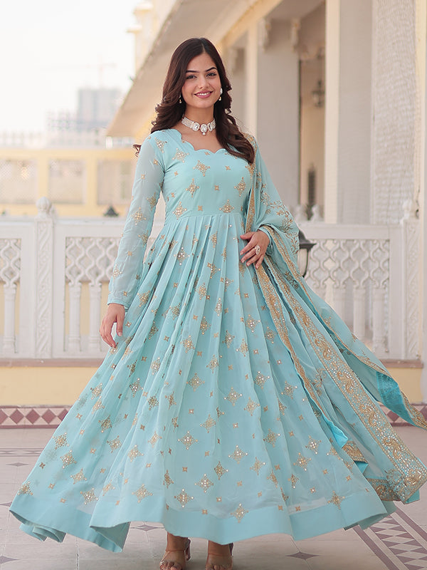 Sky Faux Georgette with Embroidery Zari Sequins Gown With Dupatta