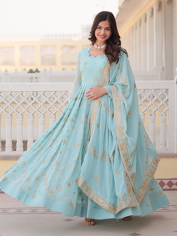 Sky Faux Georgette with Embroidery Zari Sequins Gown With Dupatta