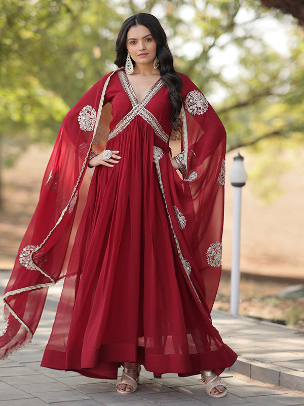 Maroon Faux Blooming With Designer Lace Border Gown With Dupatta