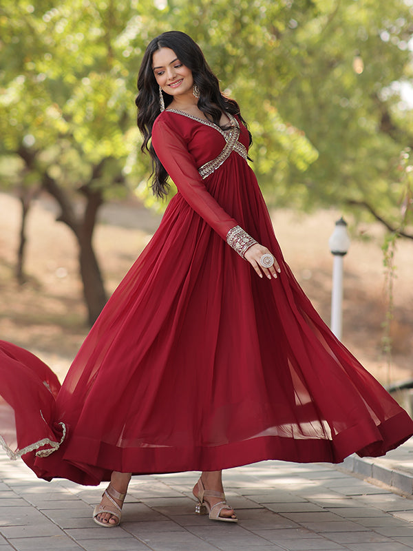 Maroon Faux Blooming With Designer Lace Border Gown With Dupatta