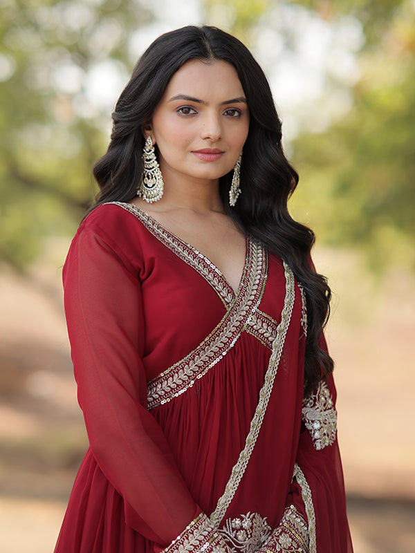 Maroon Faux Blooming With Designer Lace Border Gown With Dupatta