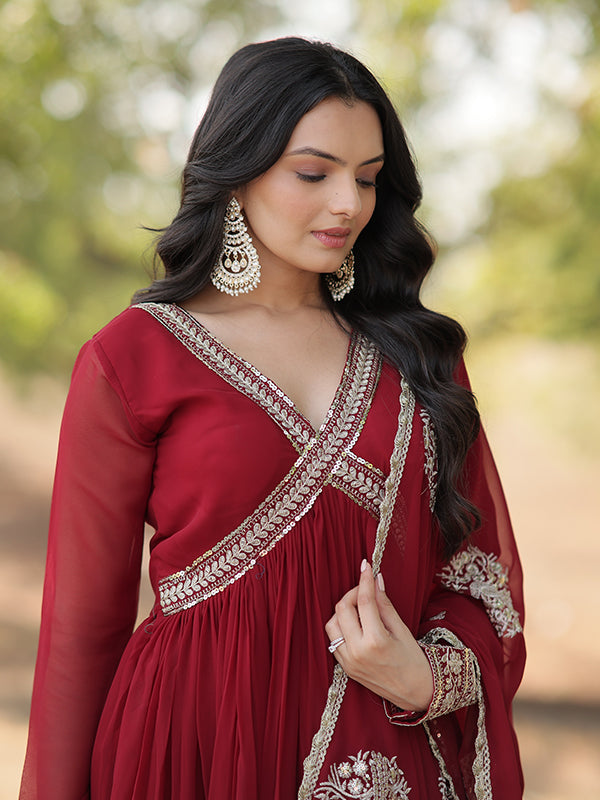 Maroon Faux Blooming With Designer Lace Border Gown With Dupatta