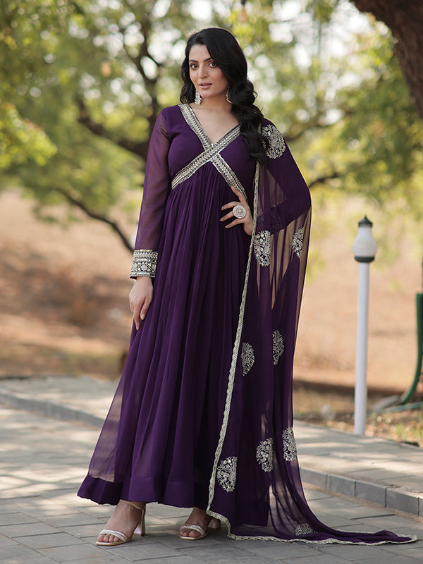 Purple Faux Blooming With Designer Lace Border Gown With Dupatta