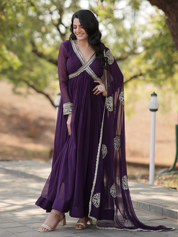 Purple Faux Blooming With Designer Lace Border Gown With Dupatta