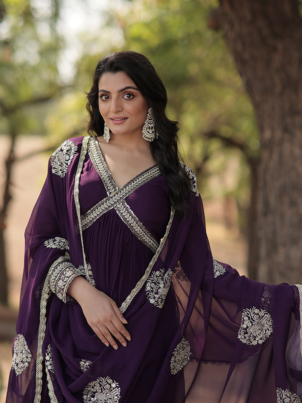 Purple Faux Blooming With Designer Lace Border Gown With Dupatta