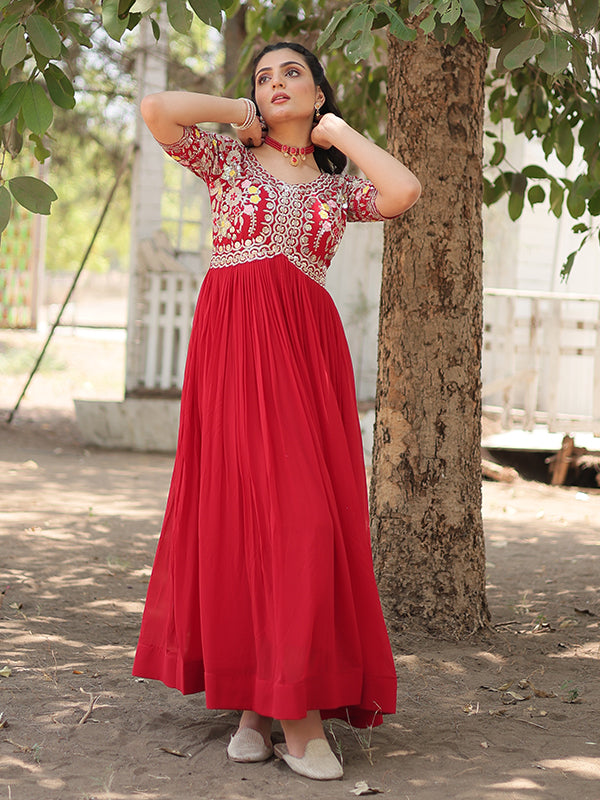 Red Faux Blooming With Embroidery Zari Sequins Gown