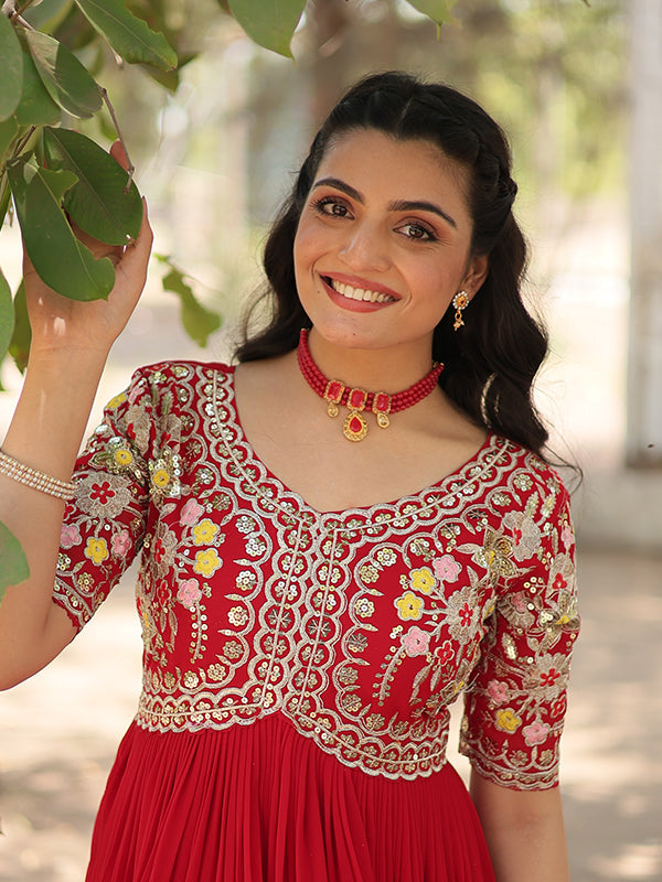 Red Faux Blooming With Embroidery Zari Sequins Gown