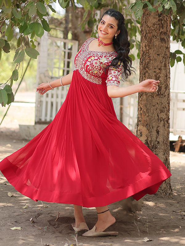 Red Faux Blooming With Embroidery Zari Sequins Gown