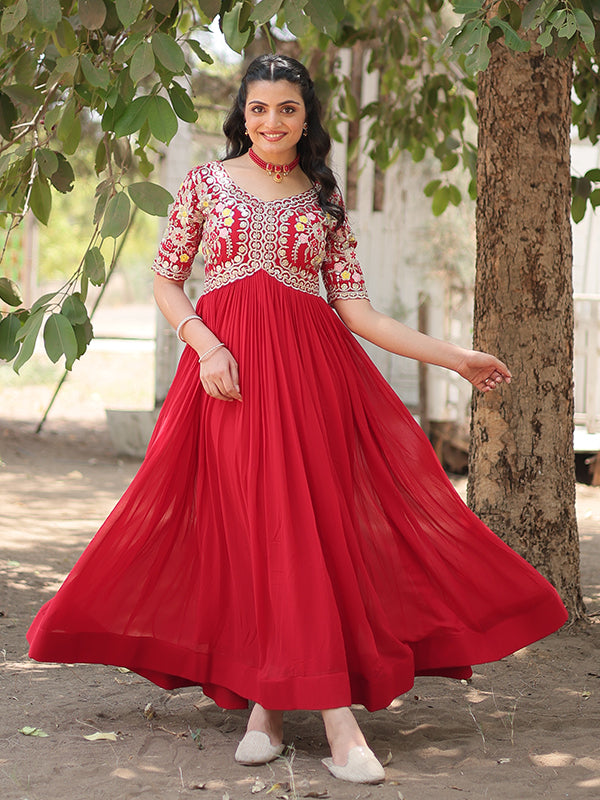 Red Faux Blooming With Embroidery Zari Sequins Gown