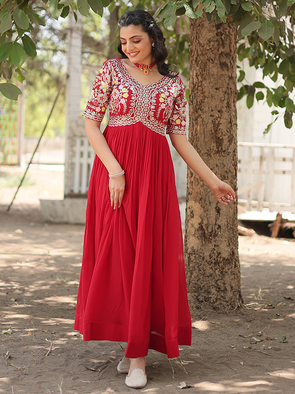 Red Faux Blooming With Embroidery Zari Sequins Gown