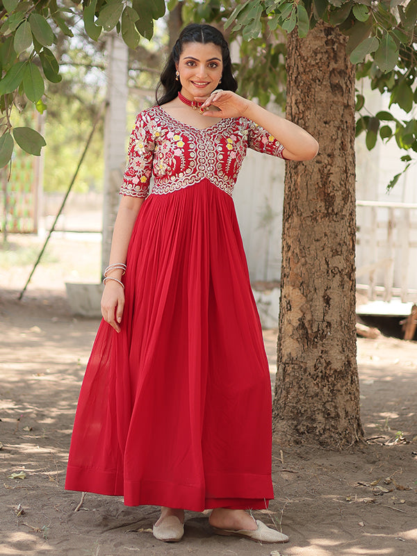 Red Faux Blooming With Embroidery Zari Sequins Gown