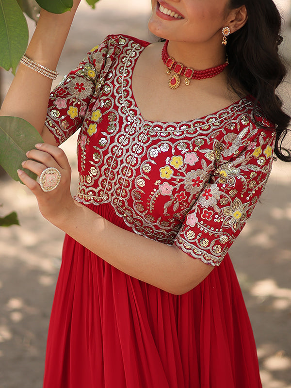 Red Faux Blooming With Embroidery Zari Sequins Gown