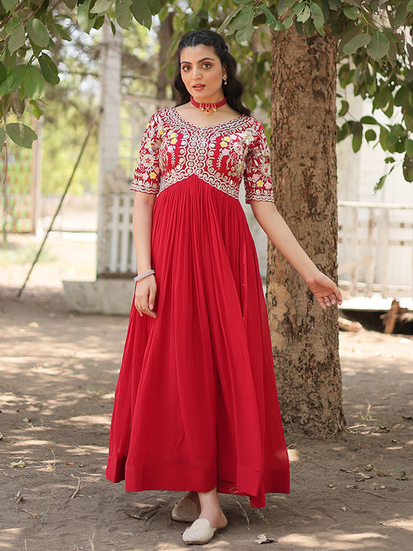 Red Faux Blooming With Embroidery Zari Sequins Gown