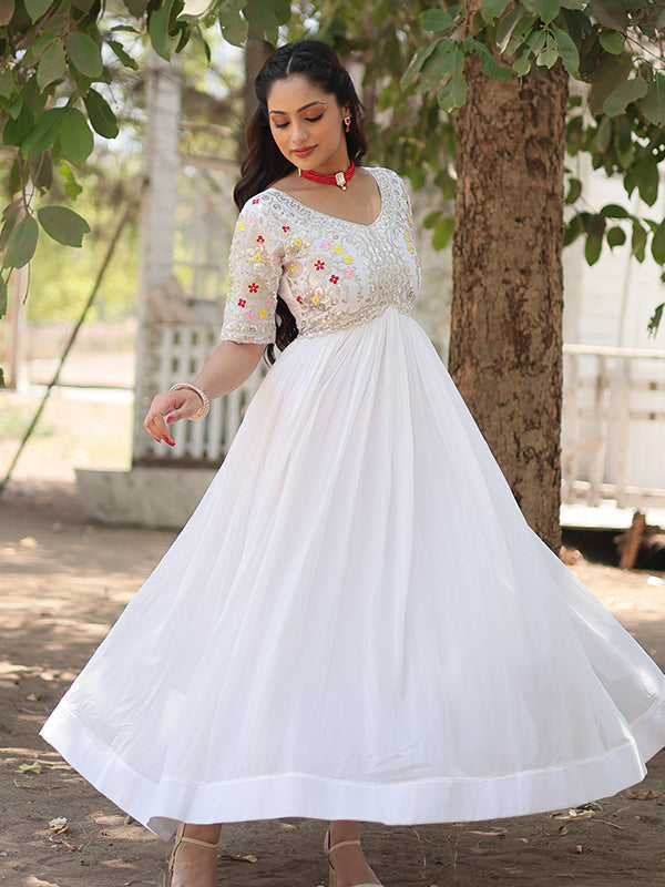 White Faux Blooming With Embroidery Zari Sequins Gown