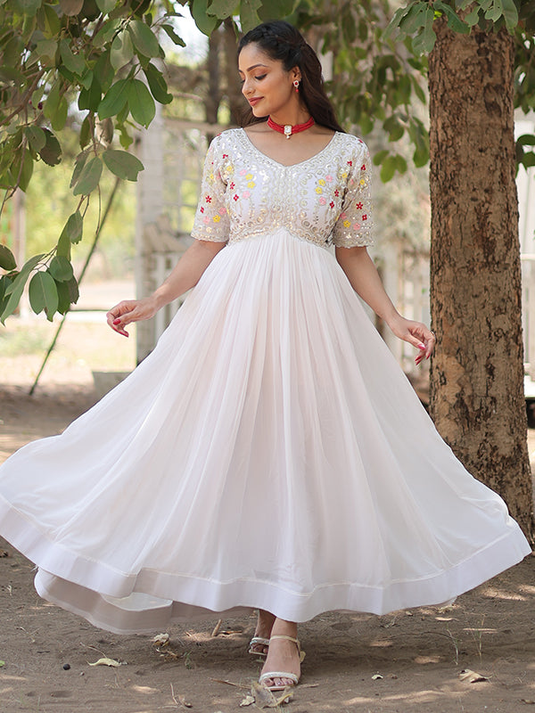 White Faux Blooming With Embroidery Zari Sequins Gown