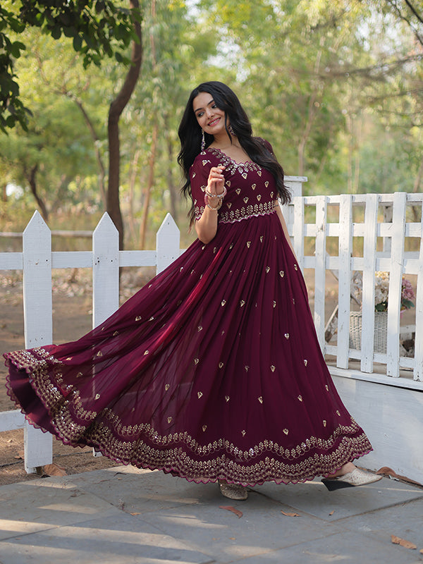 Wine Marron Faux Blooming With Embroidery Zari Sequins Gown