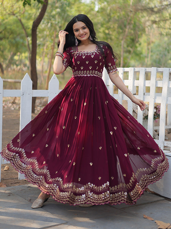 Wine Marron Faux Blooming With Embroidery Zari Sequins Gown