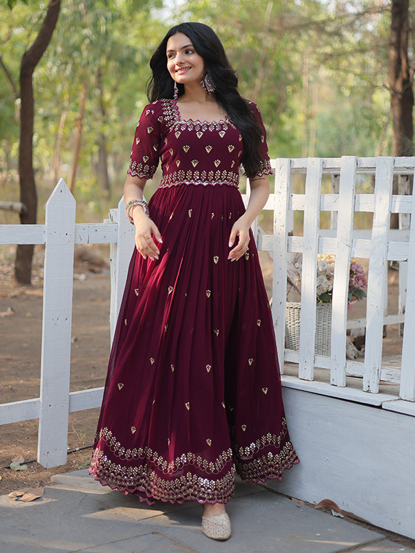 Wine Marron Faux Blooming With Embroidery Zari Sequins Gown