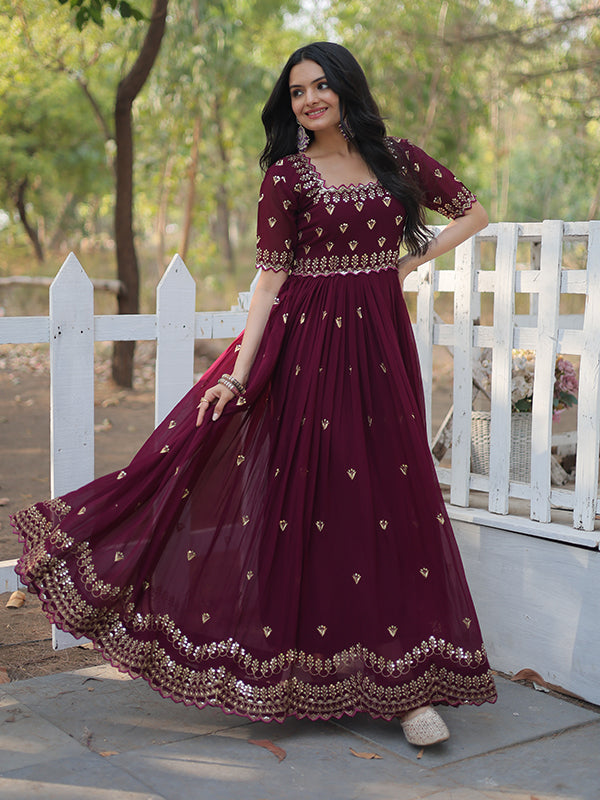 Wine Marron Faux Blooming With Embroidery Zari Sequins Gown