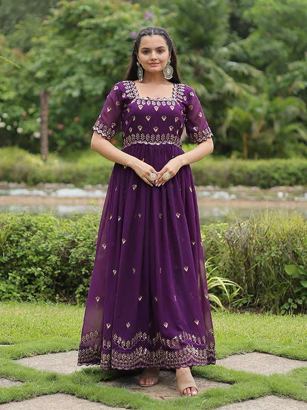 Purple Faux Blooming With Embroidery Zari Sequins Gown