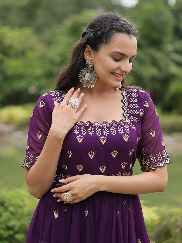 Purple Faux Blooming With Embroidery Zari Sequins Gown