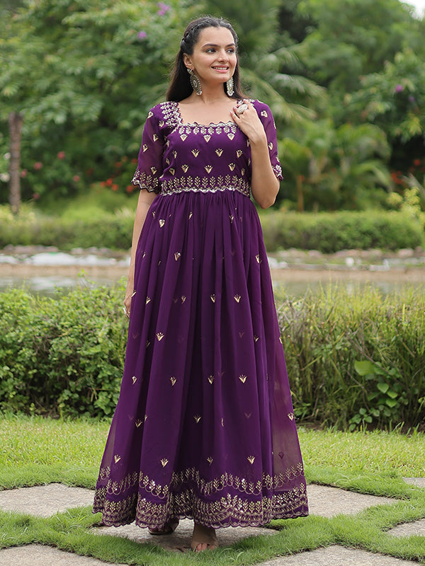 Purple Faux Blooming With Embroidery Zari Sequins Gown